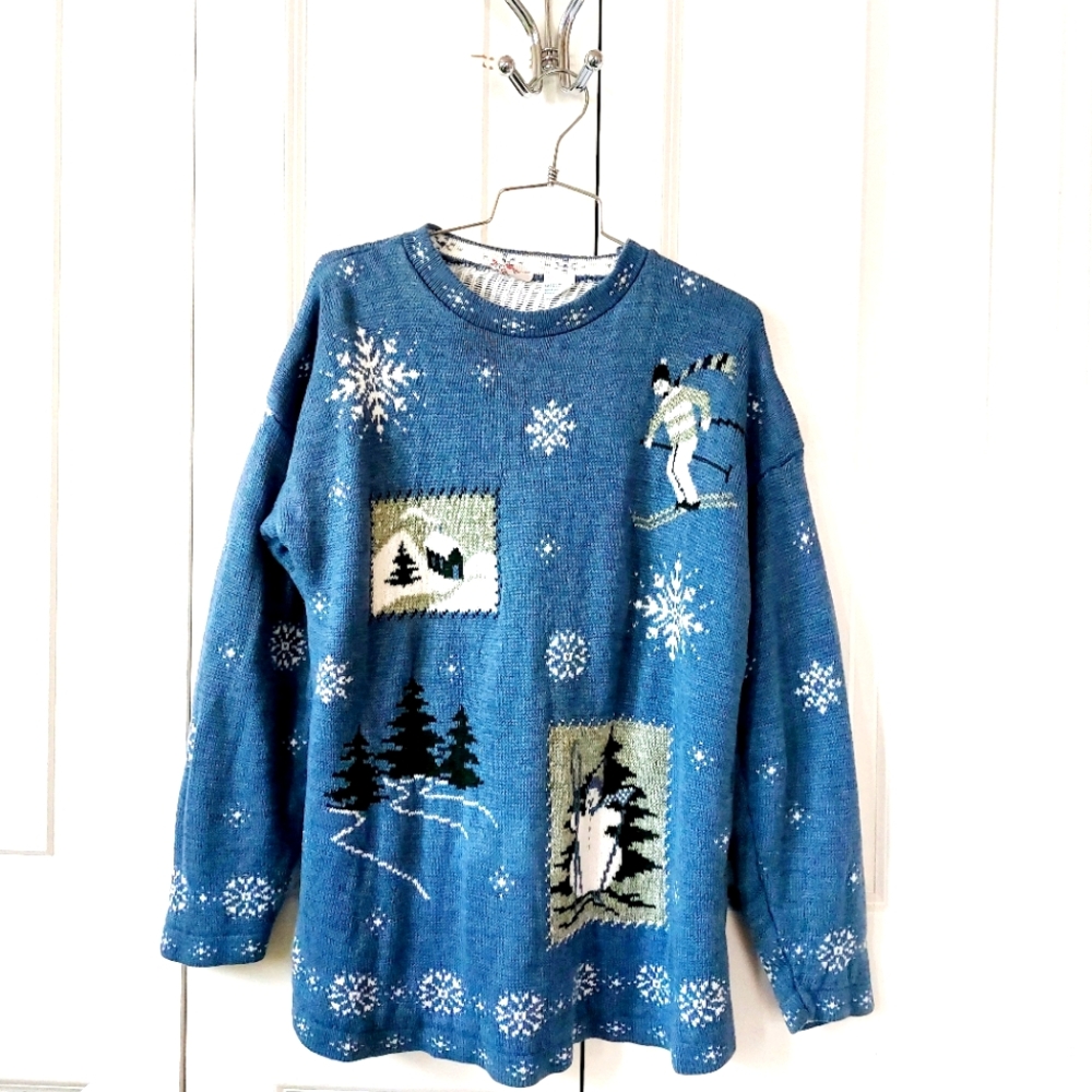 Blue Ski Chalet Winter Sweater sz Large Nutcracker Ugly Christmas Holiday Cabin‎